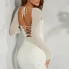 Rochie mini corset cu mâneci lungi și ornamente, model Milan, culoare ivoriu
