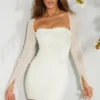 Rochie mini corset cu mâneci lungi și ornamente, model Milan, culoare ivoriu