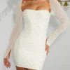 Rochie mini corset cu mâneci lungi și ornamente, model Milan, culoare ivoriu