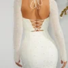 Rochie mini corset cu mâneci lungi și ornamente, model Milan, culoare ivoriu