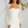 Rochie mini corset cu mâneci lungi și ornamente, model Milan, culoare ivoriu