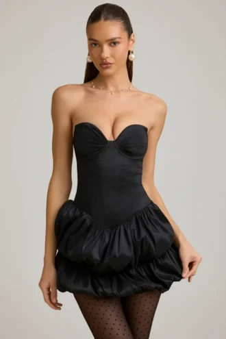 Rochie mini corset cu tiv bufant din satin Laela, negru Rochie mini corset cu tiv bufant din satin Laela, negru