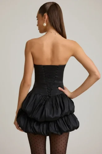 Rochie mini corset cu tiv bufant din satin Laela, negru Rochie mini corset cu tiv bufant din satin Laela, negru