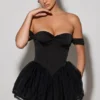 Rochie mini corset cu umeri decupați și straturi, Meredith, în negru Rochie mini corset cu umeri decupați și straturi, Meredith, în negru