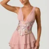 Rochie mini corset cu volane și ornamente Sakura în roz floral Rochie mini corset cu volane și ornamente Sakura în roz floral