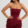 Rochie mini corset cu volane și straturi, model Juliet Bandeau, în roșu fructe de pădure