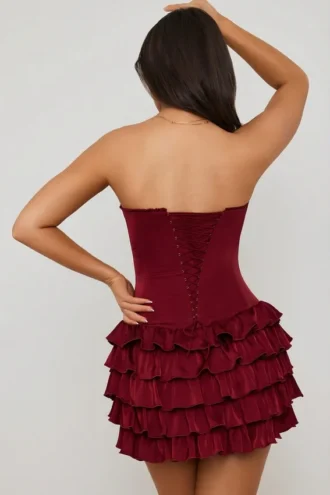 Rochie mini corset cu volane și straturi, model Juliet Bandeau, în roșu fructe de pădure Rochie mini corset cu volane și straturi, model Juliet Bandeau, în roșu fructe de pădure