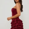 Rochie mini corset cu volane și straturi, model Juliet Bandeau, în roșu fructe de pădure