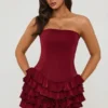 Rochie mini corset cu volane și straturi, model Juliet Bandeau, în roșu fructe de pădure