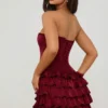 Rochie mini corset cu volane și straturi, model Juliet Bandeau, în roșu fructe de pădure