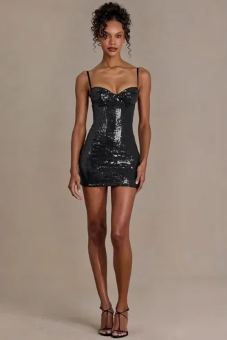 Rochie mini corset din dantelă cu paiete Theodora Premium, negru