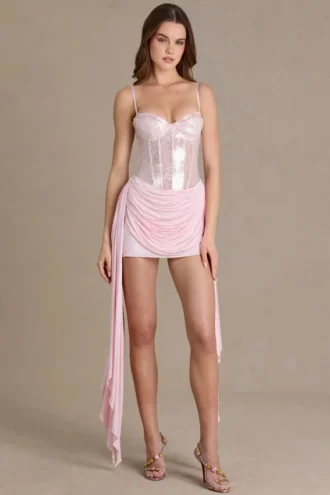 Rochie mini corset din dantelă decorată Genevieve, roz pal