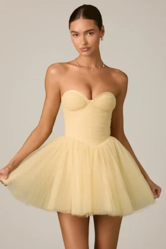 Rochie mini corset din tul Dottie, galben