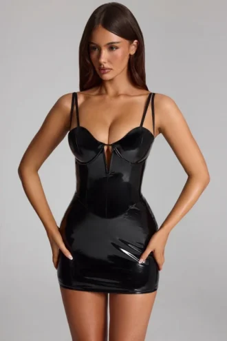 Rochie mini corset din vinil Coratina, negru
