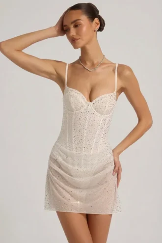 Rochie mini corset drapată, semi-transparentă, cu ornamente, model Connie, în culoarea alb