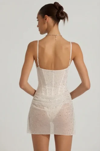 Rochie mini corset drapată, semi-transparentă, cu ornamente, model Connie, în culoarea alb