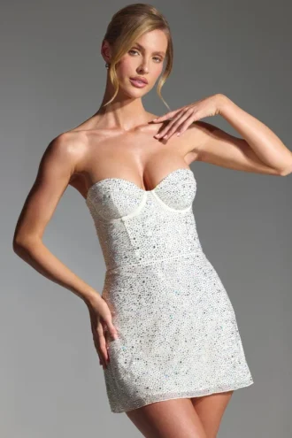 Rochie mini corset fără bretele Crystella cu ornamente, în culoarea alb
