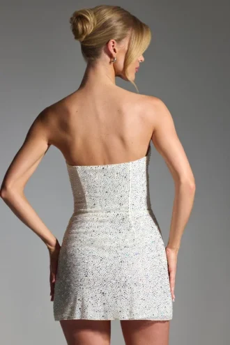 Rochie mini corset fără bretele Crystella cu ornamente, în culoarea alb