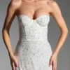 Rochie mini corset fără bretele Crystella cu ornamente, în culoarea alb
