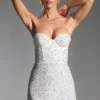 Rochie mini corset fără bretele Crystella cu ornamente, în culoarea alb