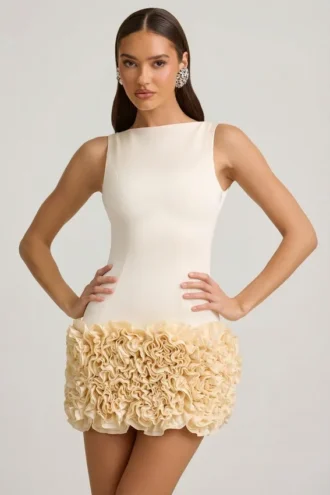 Rochie mini cu aplicații florale din satin, cu spate decupat, model Florrie, culoare ivoriu