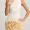 Rochie mini cu aplicații florale din satin, cu spate decupat, model Florrie, culoare ivoriu