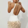 Rochie mini cu aplicații florale din satin, cu spate decupat, model Florrie, culoare ivoriu
