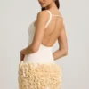 Rochie mini cu aplicații florale din satin, cu spate decupat, model Florrie, culoare ivoriu