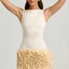 Rochie mini cu aplicații florale din satin, cu spate decupat, model Florrie, culoare ivoriu