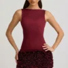 Rochie mini cu aplicații florale din satin Florrie, cu spate decupat, în culoarea roșu vin