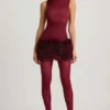 Rochie mini cu aplicații florale din satin Florrie, cu spate decupat, în culoarea roșu vin