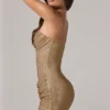 Rochie mini cu bandă la talie și decolteu în V, cu ornamente, de la Zara, în culoarea auriu