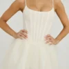 Rochie mini cu corset și fustă din tul, model Eugenie, în culoarea albă Rochie mini cu corset și fustă din tul, model Eugenie, în culoarea albă