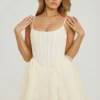 Rochie mini cu corset și fustă din tul, model Eugenie, în culoarea albă Rochie mini cu corset și fustă din tul, model Eugenie, în culoarea albă