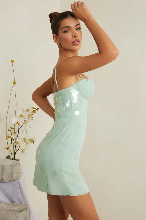 Rochie mini cu corset și ornamente Constance, în culoarea salvie Rochie mini cu corset și ornamente Constance, în culoarea salvie