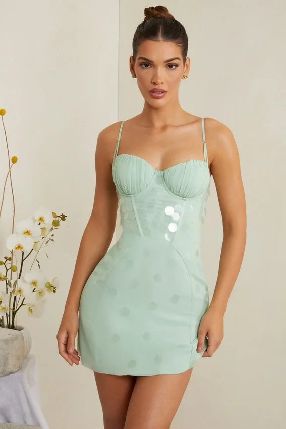 Rochie mini cu corset și ornamente Constance, în culoarea salvie Rochie mini cu corset și ornamente Constance, în culoarea salvie