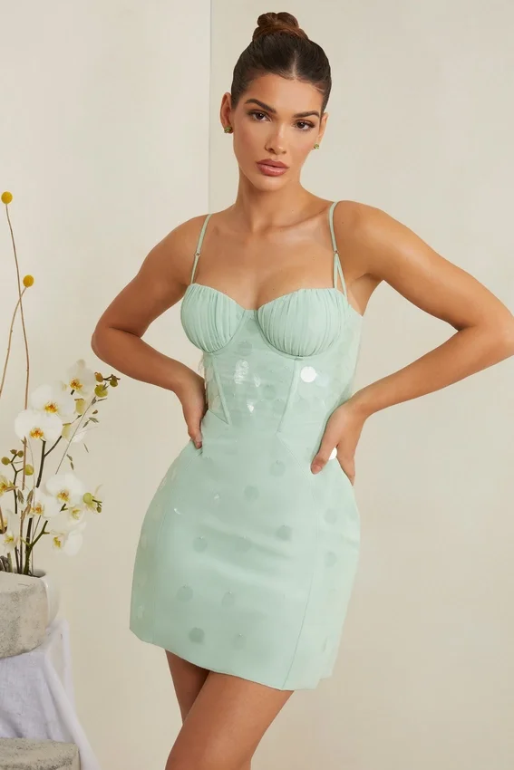 Rochie mini cu corset și ornamente Constance, în culoarea salvie Rochie mini cu corset și ornamente Constance, în culoarea salvie