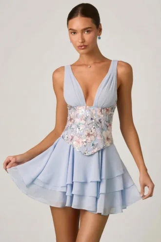 Rochie mini cu corset și volane, model Sakura, în albastru floral