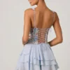 Rochie mini cu corset și volane, model Sakura, în albastru floral Rochie mini cu corset și volane, model Sakura, în albastru floral