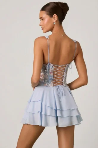 Rochie mini cu corset și volane, model Sakura, în albastru floral