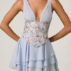 Rochie mini cu corset și volane, model Sakura, în albastru floral Rochie mini cu corset și volane, model Sakura, în albastru floral