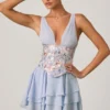 Rochie mini cu corset și volane, model Sakura, în albastru floral Rochie mini cu corset și volane, model Sakura, în albastru floral