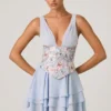 Rochie mini cu corset și volane, model Sakura, în albastru floral Rochie mini cu corset și volane, model Sakura, în albastru floral