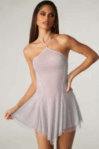 Rochie mini cu dantelă și șireturi în spate Juni, argintie