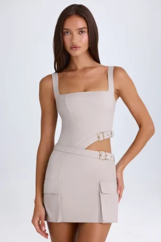 Rochie mini cu decupaje și curea Acadia, culoare gri-maro