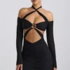 Rochie mini cu decupaje și drapaje, cu umerii goi, Kemina, în negru Rochie mini cu decupaje și drapaje, cu umerii goi, Kemina, în negru
