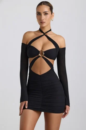 Rochie mini cu decupaje și drapaje, cu umerii goi, Kemina, în negru