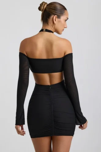 Rochie mini cu decupaje și drapaje, cu umerii goi, Kemina, în negru