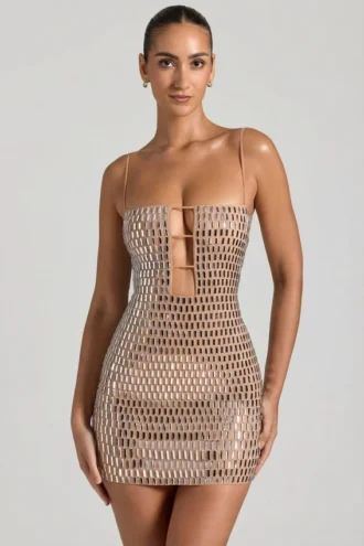 Rochie mini cu decupaje și ornamente Alanni, culoare miere