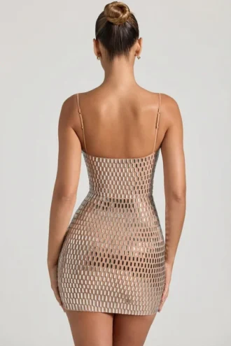Rochie mini cu decupaje și ornamente Alanni, culoare miere